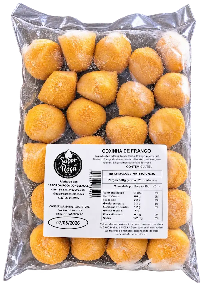 Embalagem real de salgados congelados da marca Salgados Sabor da Roça